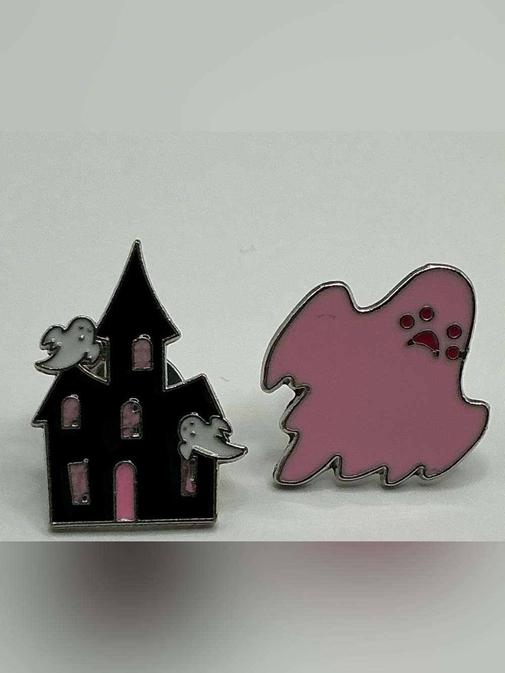 PINK ENAMEL LAPEL PIN SET HAUNTED HOUSE GHOST NWOT